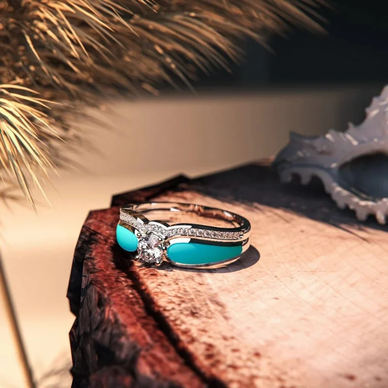 Elegant turquoise ring with sparkling vintage zirconia