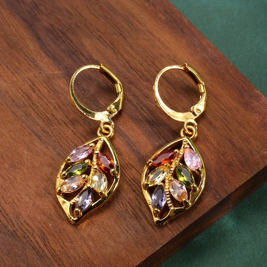 Timeless Vintage Golden Leaf Colorful Zirconia Earrings