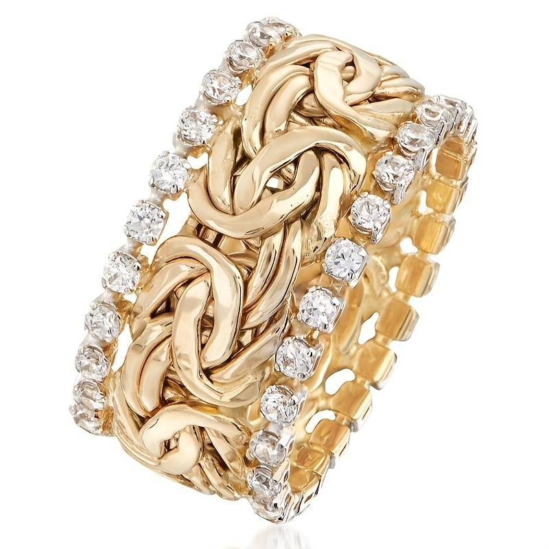 Elegant braided gold ring with sparkling zirconia stones