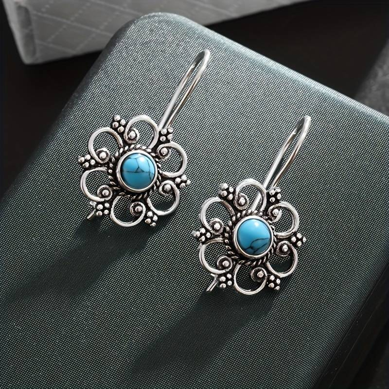 Elegant Vintage Silver Earrings with Blue Flower Accents