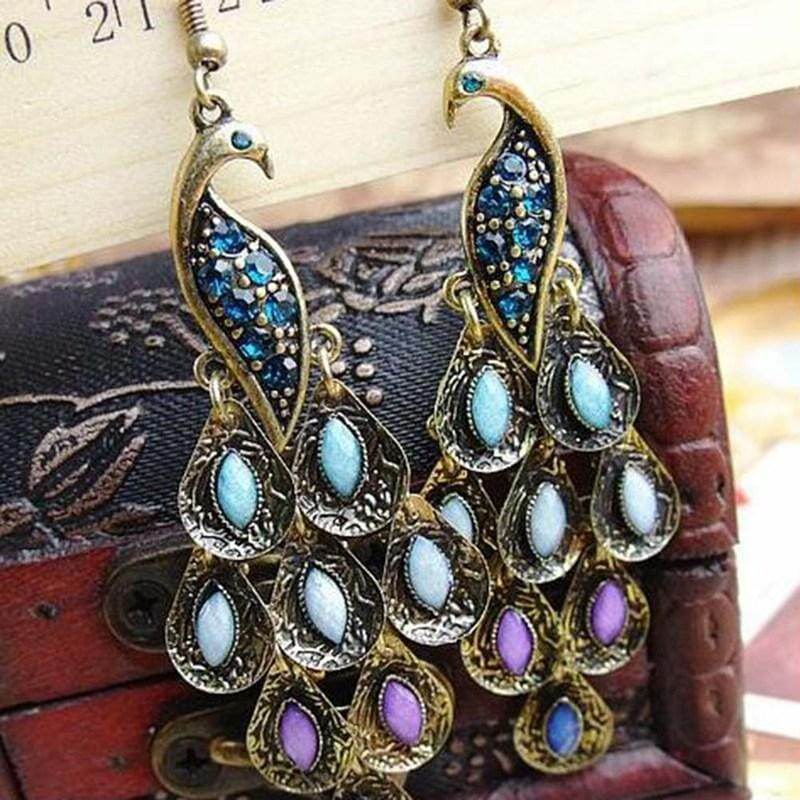 Vintage Peacock Earrings with Sparkling Crystals