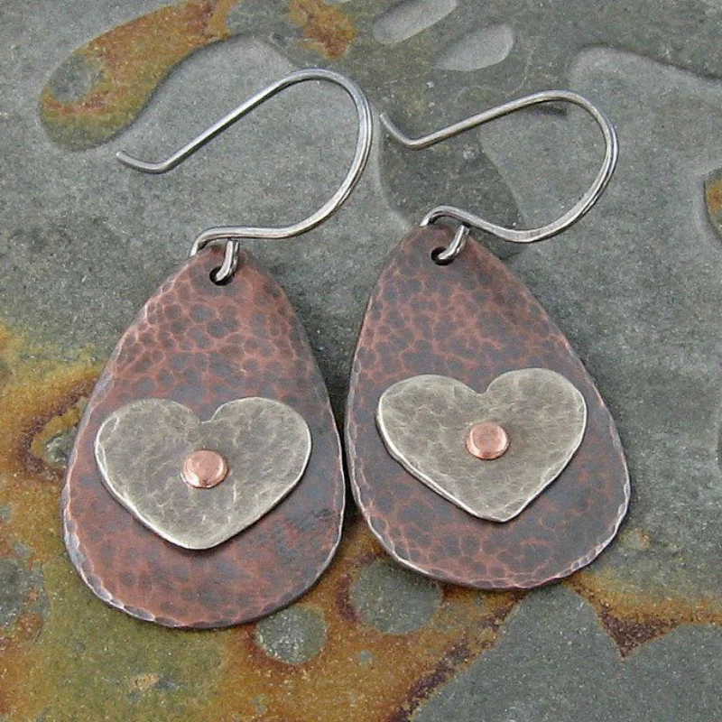 Elegant Vintage Silver Heart Earrings in Bronze Finish