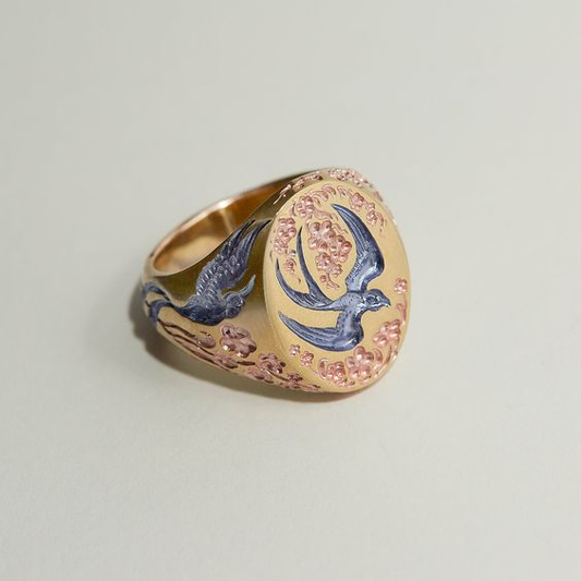 Radiant Vintage Blue and Gold Hummingbird Ring