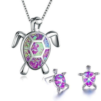 Elegant Sea Turtle Jewelry Set: Necklace and Earrings made of Sparkling Opal and Fine Silver