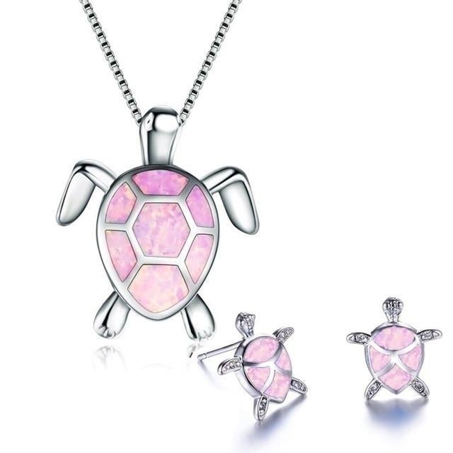 Elegant Sea Turtle Jewelry Set: Necklace and Earrings made of Sparkling Opal and Fine Silver