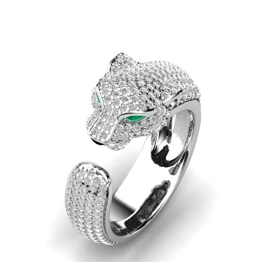 Elegant adjustable jaguar ring made of 18K silver and shiny 18K rose gold, adorned with sparkling green zirconia eyes