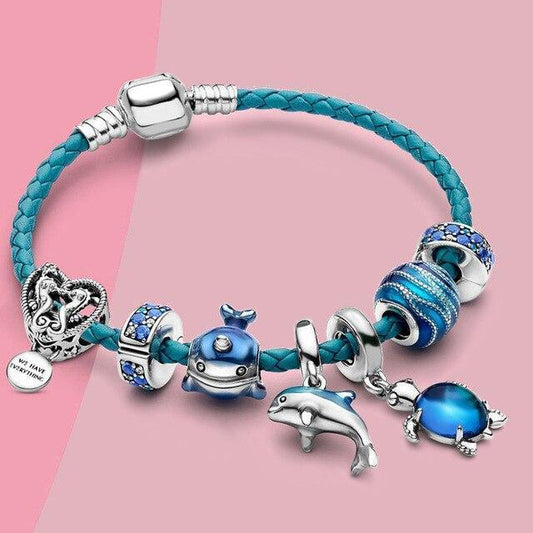 Ocean-Inspired Leather and Silver Charm Bracelet