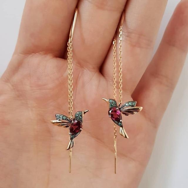 Fascinating Hummingbird Enamel Earrings with Sparkling Zirconia Stones