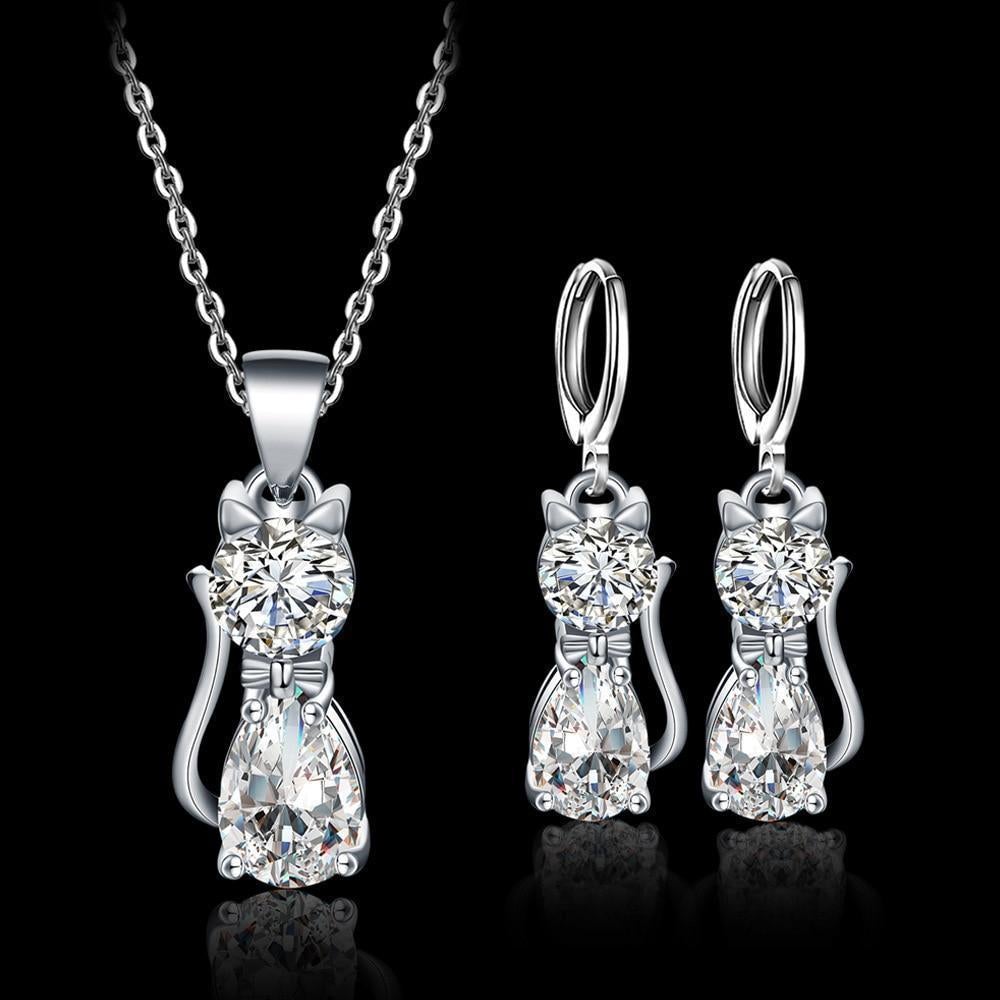 Charming set of necklace and earrings "Happy Cats" made of high-quality sterling silver with bright white zirconia